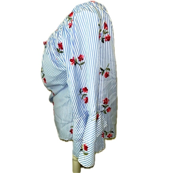NWT Flores off the shoulder, blue & white striped embroidered top, 3X - Picture 4 of 7